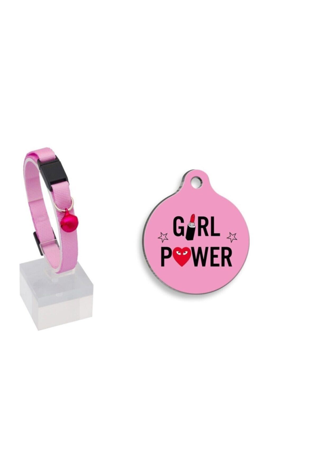 altın pati Girl Power Çelik Kaplama Kedi Künyesi+pembe Kedi Tasması