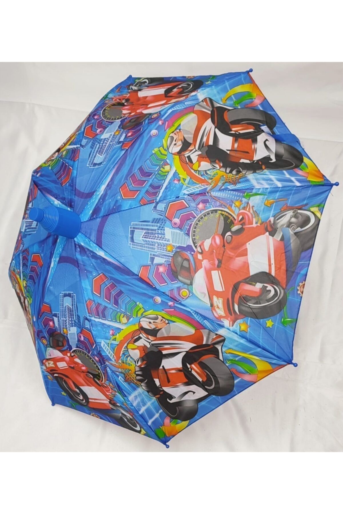 Shopiolog Erkek Çocuk Pvc Kılıflı 8 Telli Baston Şemsiye Motor Yarışı Desenli