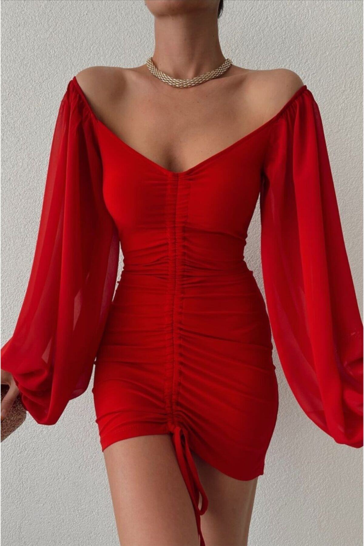 Afiş Butik Kırmızı Tül Kollu Önü Büzgülü Elbise
