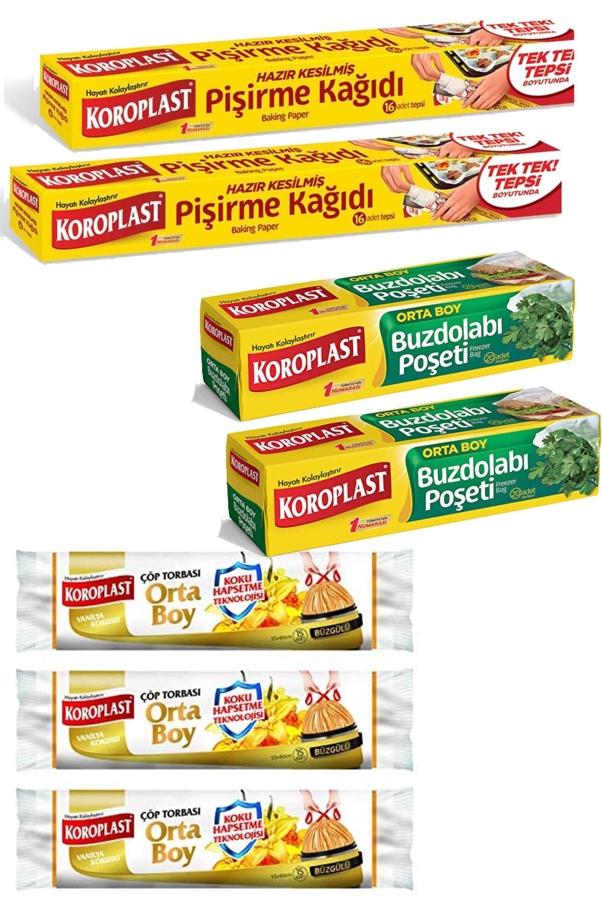 Koroplast Orta Boy Buzdolabı Poşeti X2+ Hazır Kesim Pişirme Kağıdı X2+vanilya Büzgülü Çöp Poşeti X3