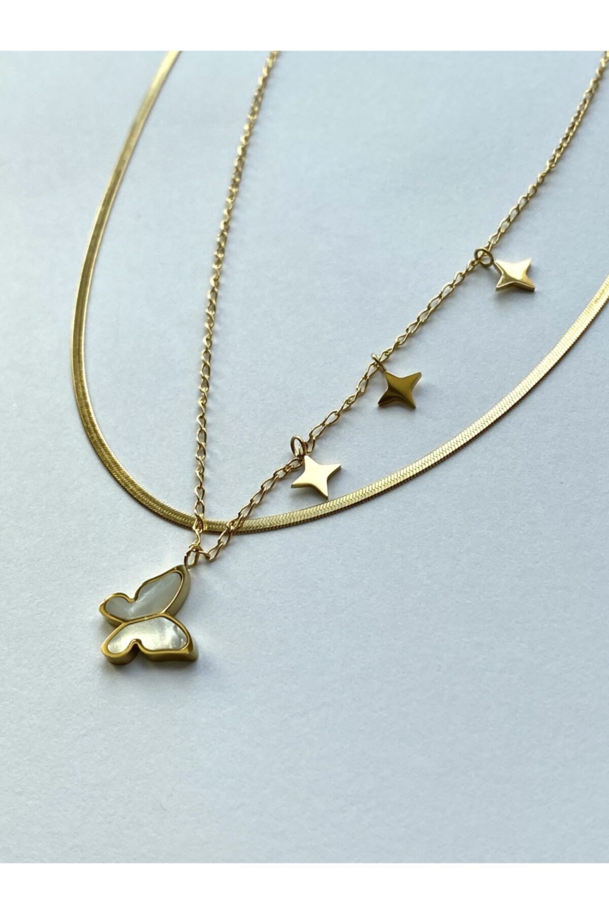 QUEEN'S JEWELLERY Gold Yassı Italyan Zincir Ve Kelebekli Ikili Çelik Kolye