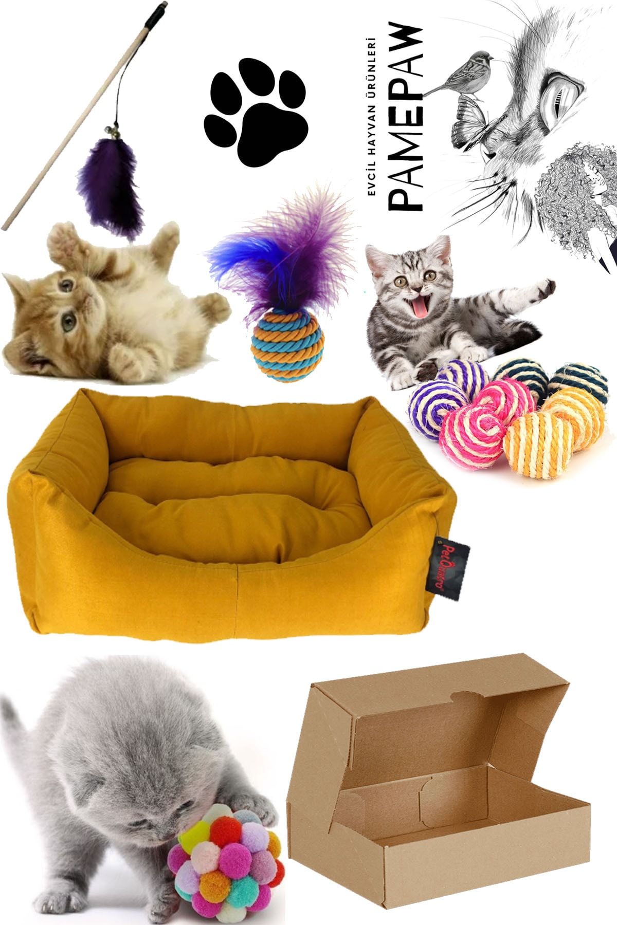 PAMEPAW Kedi Lüx Yatak 40x55x15 Cm , Ponpon Top , Tüylü Top , Olta , Sarma Top