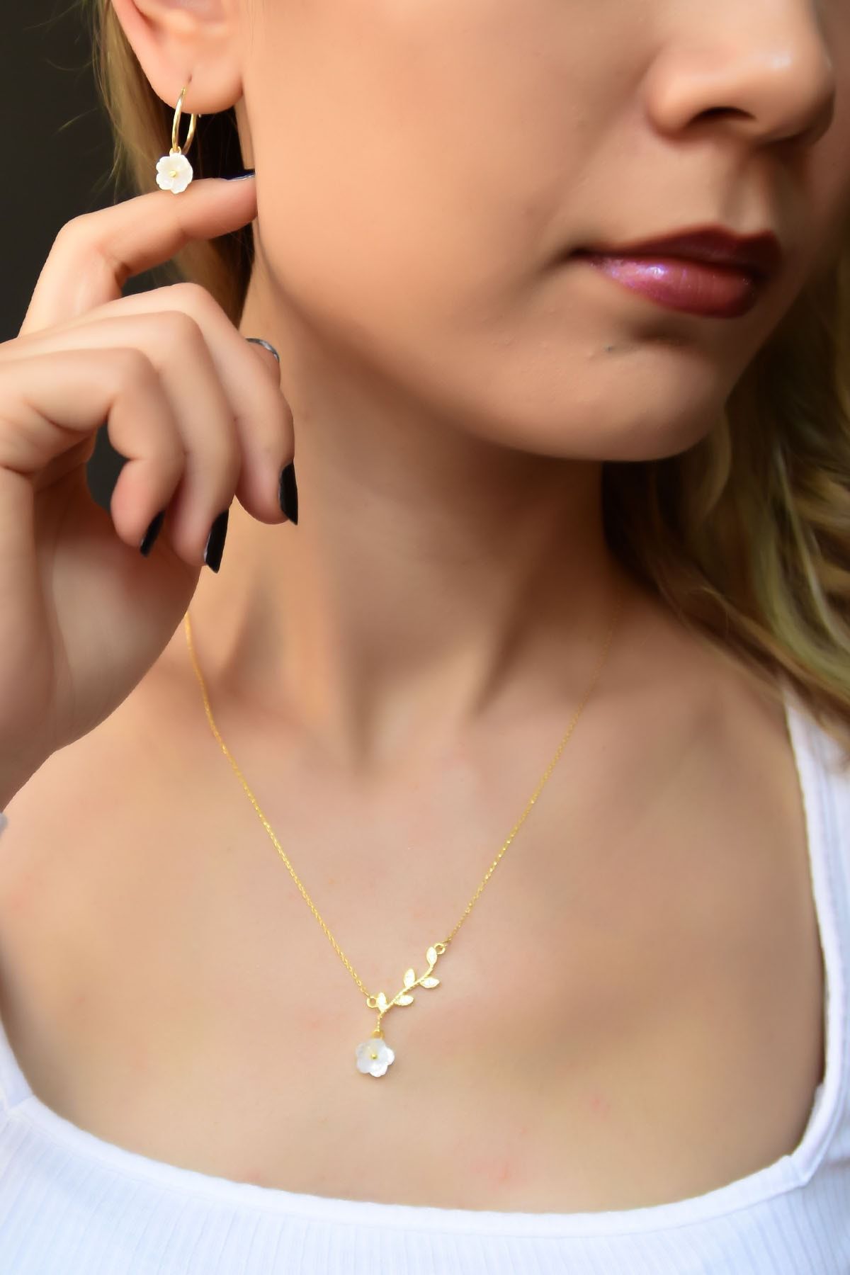 Papatya Silver 925 Ayar Gümüş Altın Kaplama Manolya Çiçeği Kolye Küpe Set