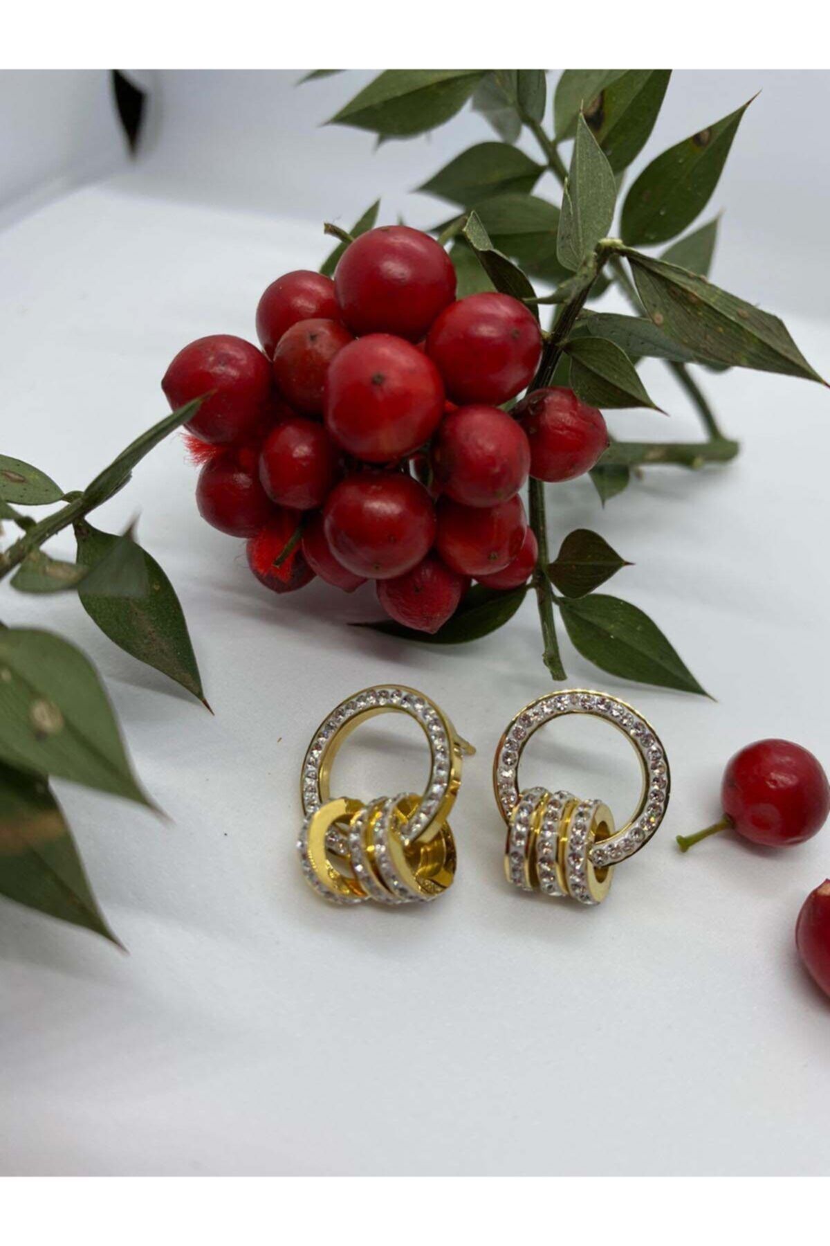 THE NOURA Kadın Gold Renk Taşlı Halka Küpe