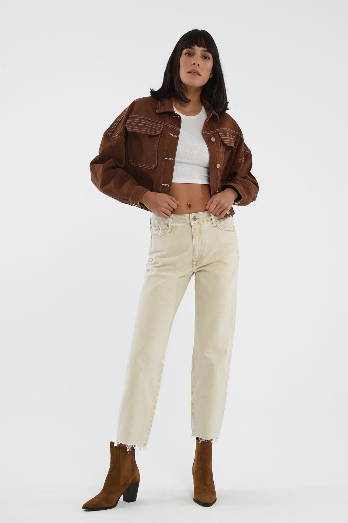 CROSS JEANS Eliza Cropped Ekru Paçası Kesik Yüksek Bel Straight Fit Fermuarlı Jean Pantolon
