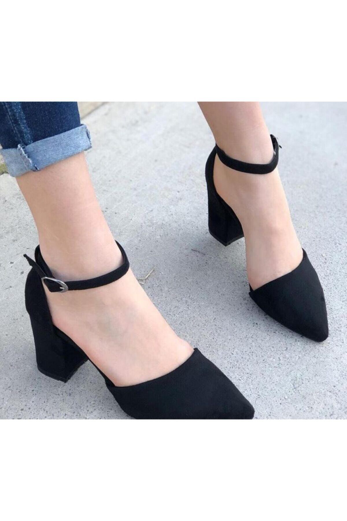 Demashoes Kadın Siyah Süet Topuklu Ayakkabı