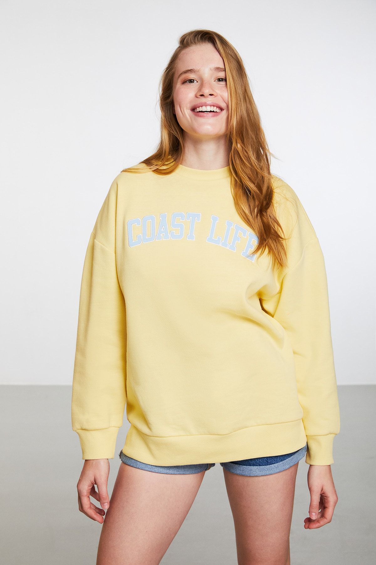 GRIMELANGE Spırıt Kadın Sarı Aplikeli Bisiklet Yaka Comfort Sweatshirt