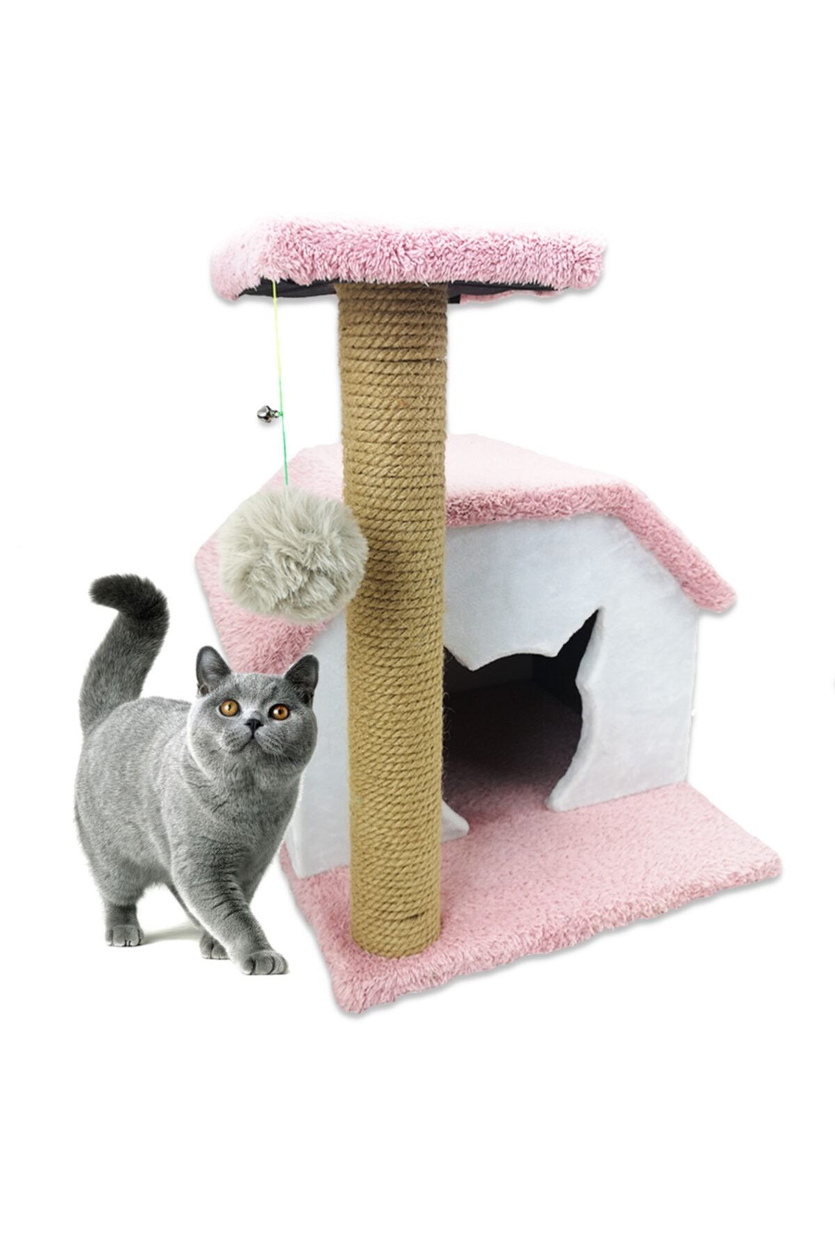 Sdypet Kedi Oyun Evi Ve 50cm Tırmalama Tahtası Ponponlu Ve Zilli - Pembe