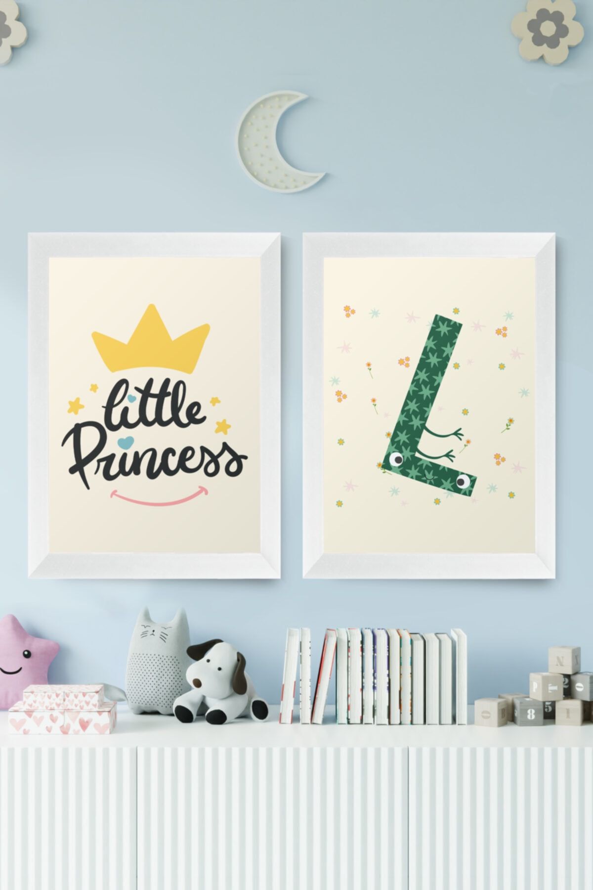 digital art Little Princess Prenses Kız Çocuk Odası L Isim Baş Harfli Tablo Beyaz