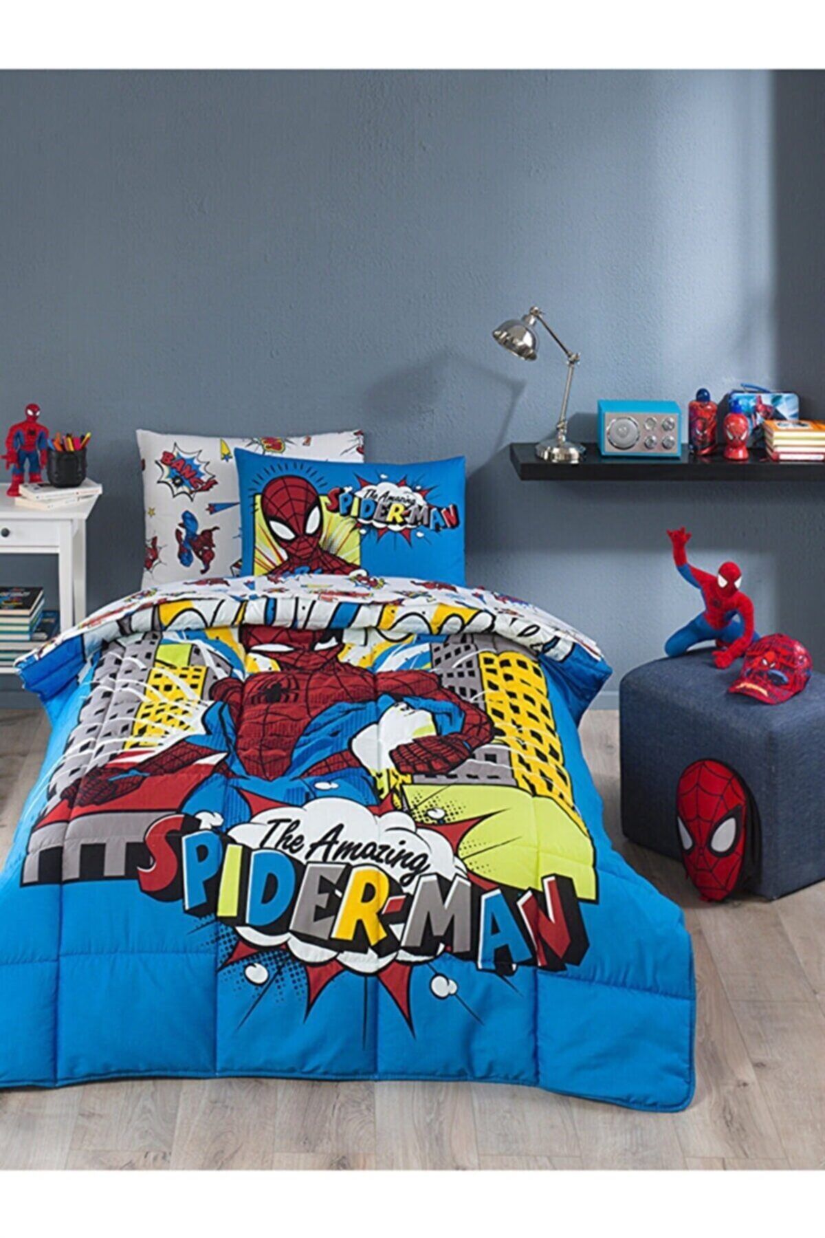 Özdilek Spiderman Newyork Disney Uyku Seti Lastikli Çarşaf Tek Kişilik Mavi