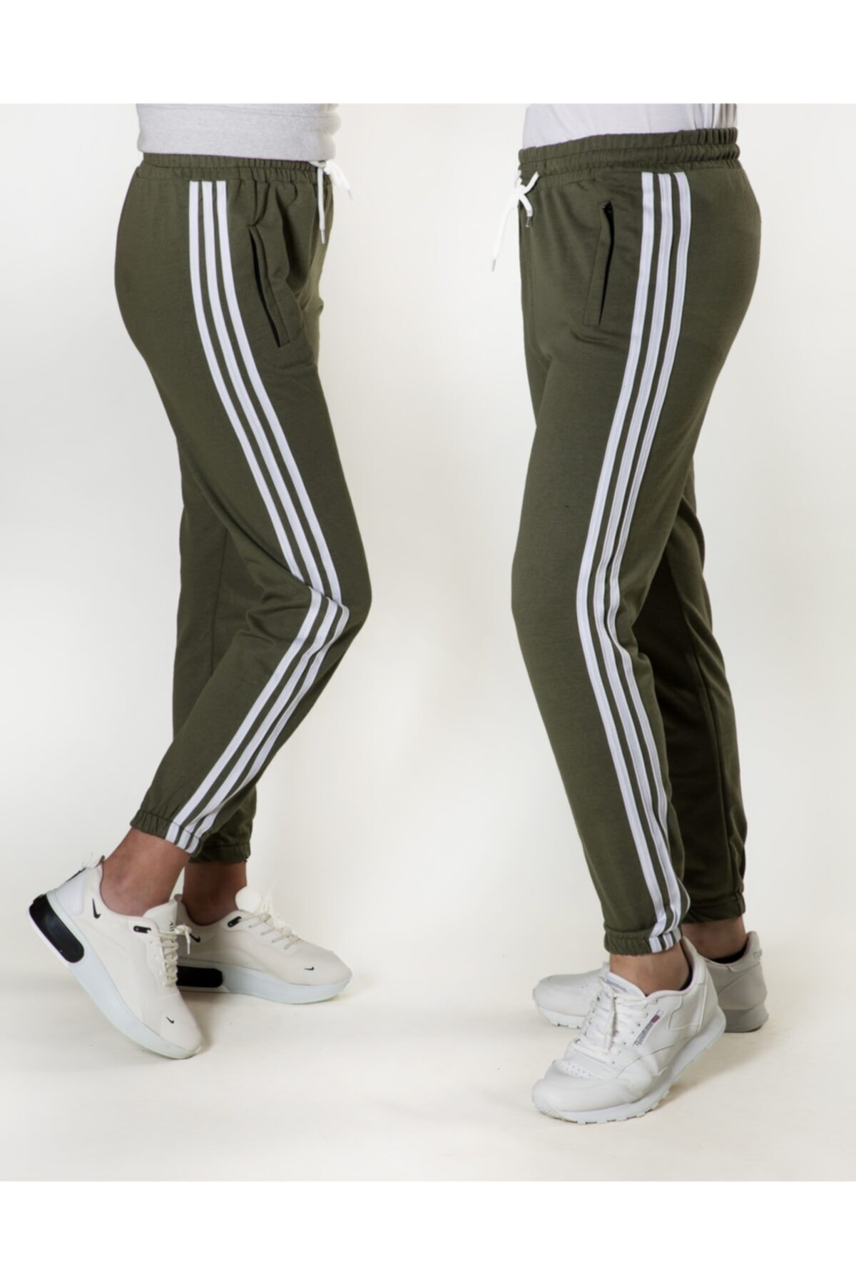 EX SPORT İMALAT TOPTAN SPOR GİYİM Ex Sport Haki 3 Şeritli Paça Lastikli Eşofman Altı