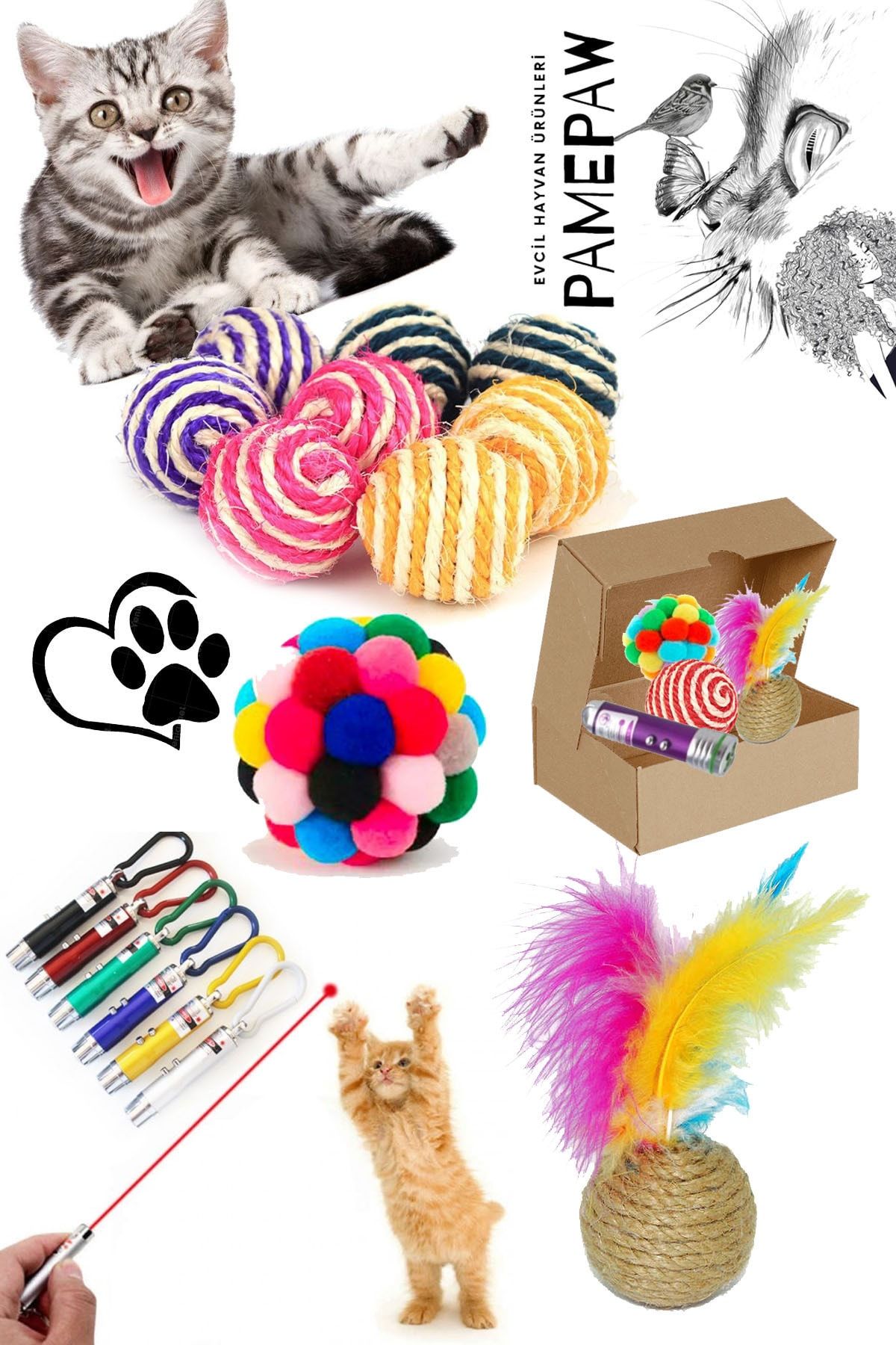 PAMEPAW Kedi Sarma Top , Ponpon Top , Tüylü Top Ve Lazer Seti