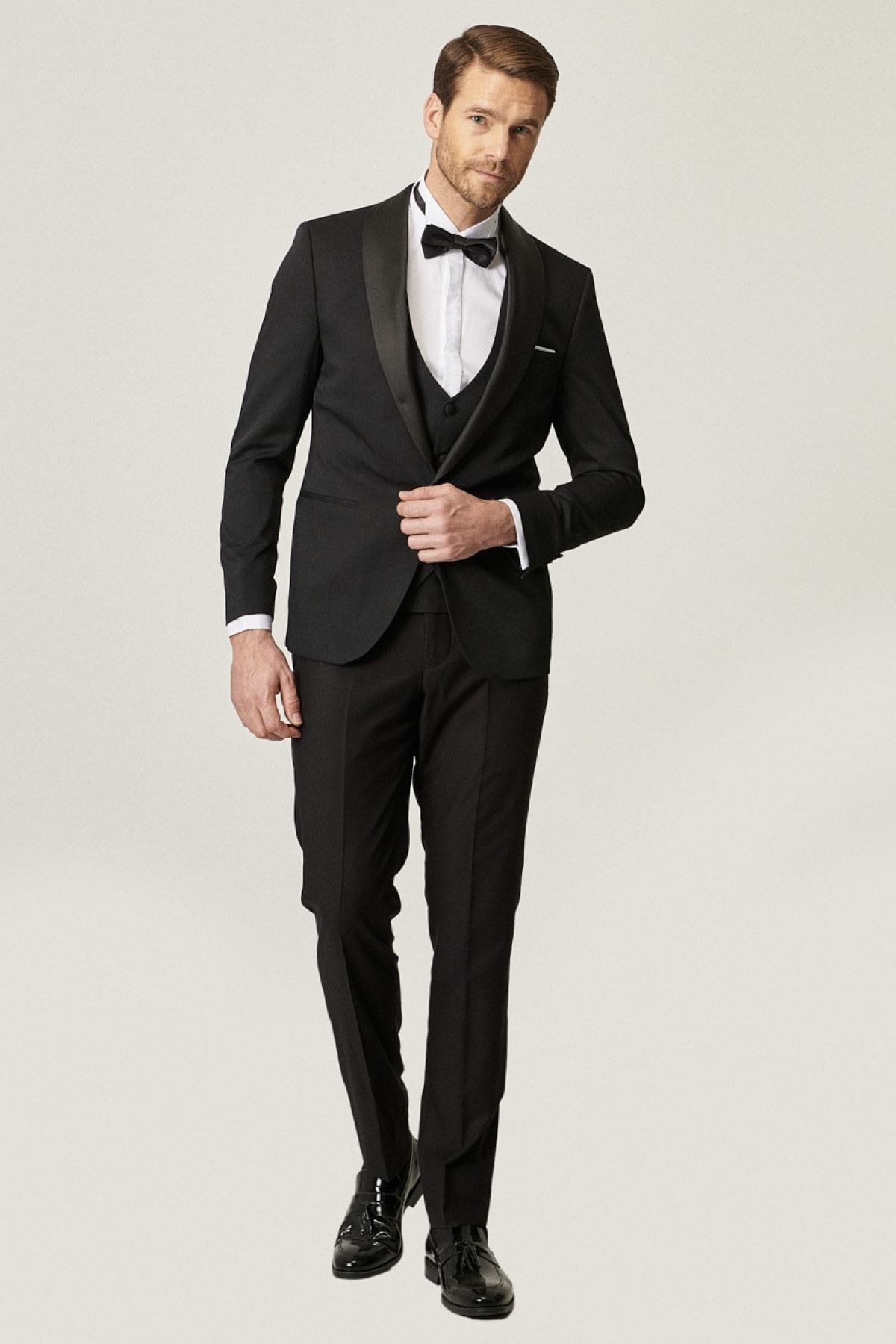 ALTINYILDIZ CLASSICS Erkek Siyah Ekstra Slim Fit Yelekli Smokin Damatlık