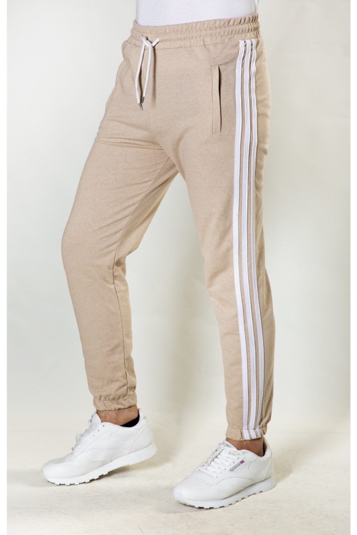 EX SPORT İMALAT TOPTAN SPOR GİYİM Bej 3 Şeritli Paça Lastikli Eşofman Altı