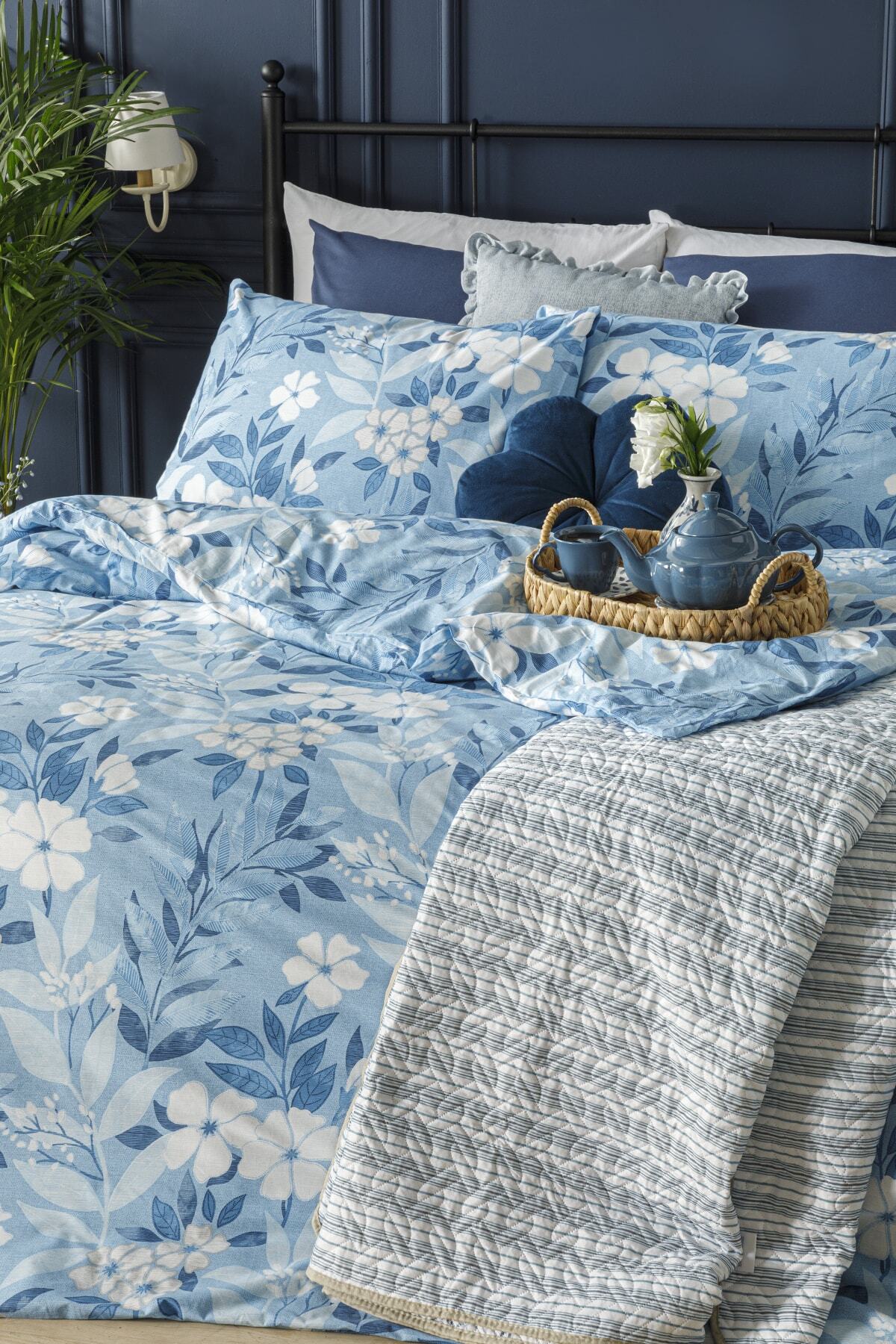 English Home Summer Garden Pamuklu Super King Nevresim Seti 260x220 Cm Mavi