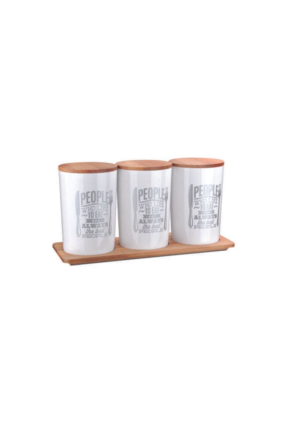 GRİMOR Life 3' Lü Ahşap Kapaklı Modern Kuru Bakliyat Saklama Seti Beyaz ( 2.3 Litre )