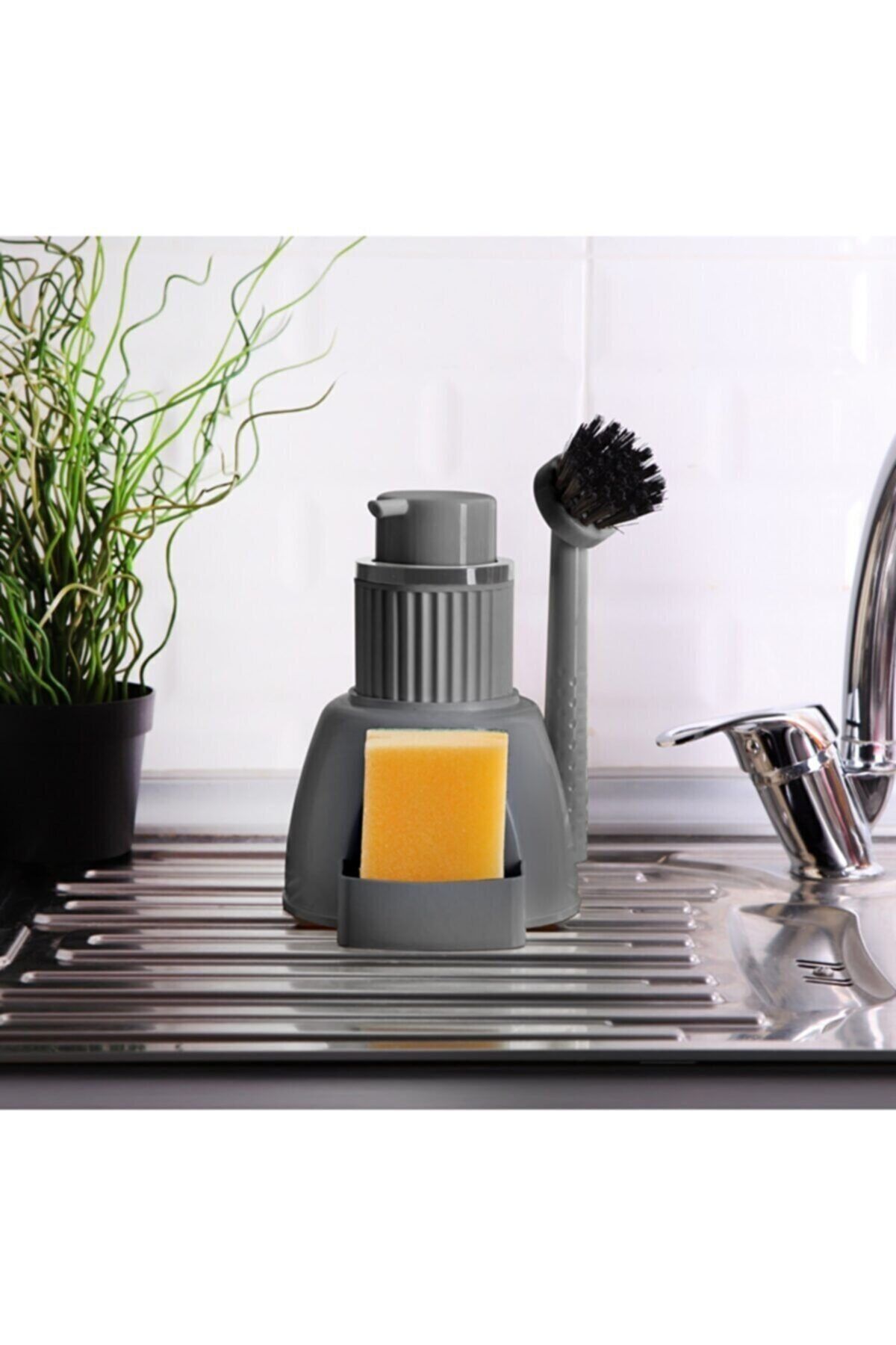 HomeFuture Mutfak Seti 3 Parça Fırça Sabunluk Süngerlik Dekoratif Banyo Seti Gri Temizlik Seti Yıkama Seti