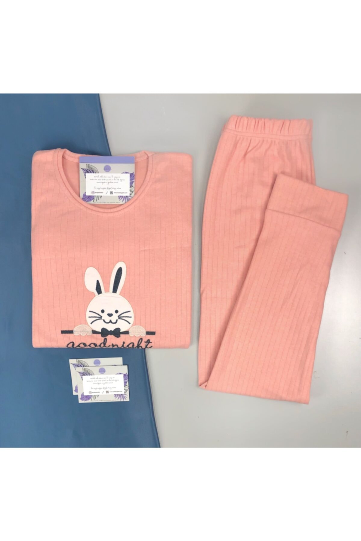 Meba Tavşan Desen Paça Manşeli Uzun Kol Somon Pijama Takımı 1945