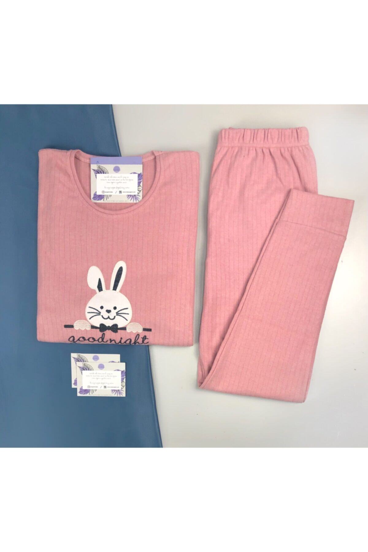 Meba Tavşan Desen Paça Manşeli Uzun Kol Pudra Pijama Takımı 1945