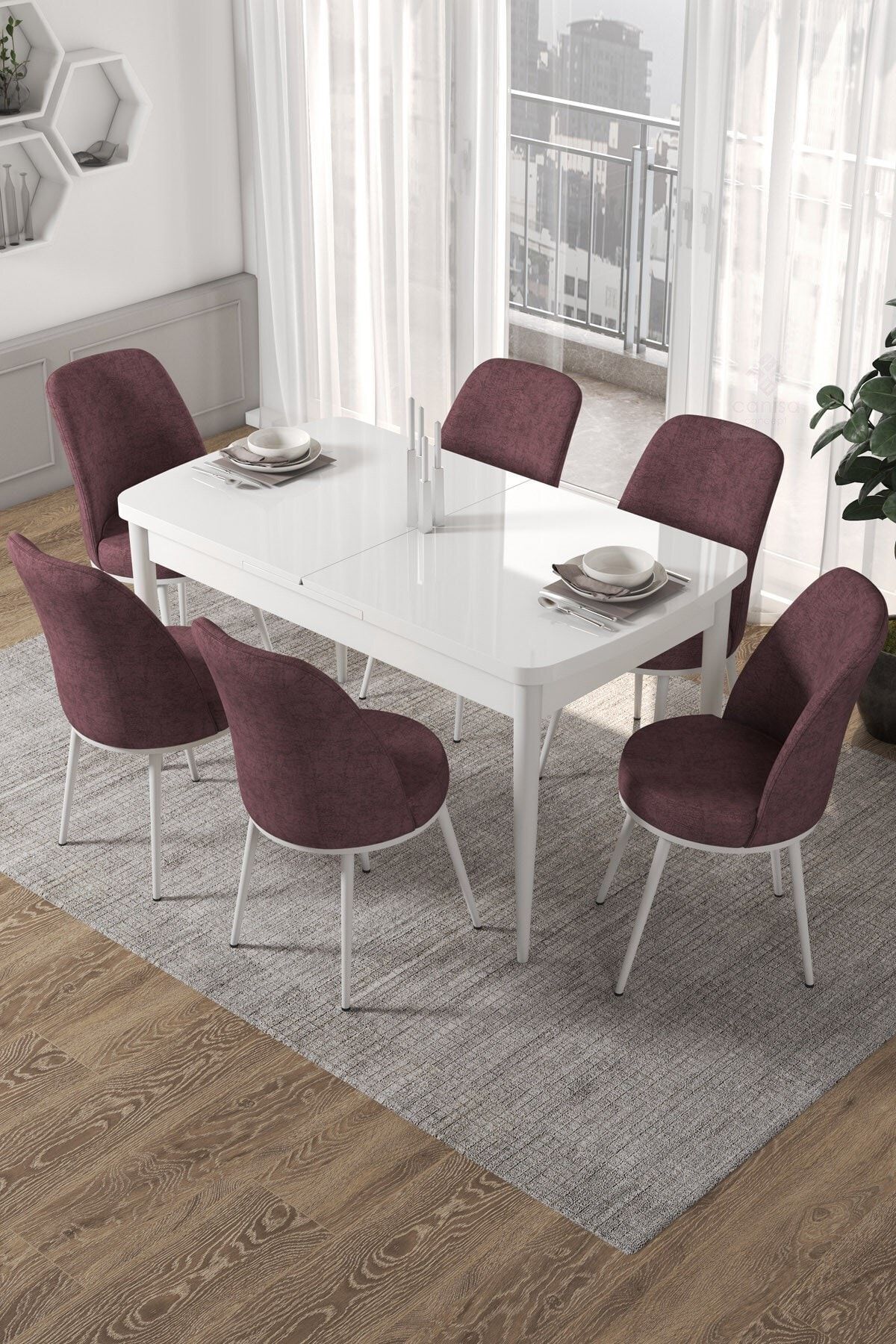 Canisa Concept Kor Serisi 70x114 Açılabilir Beyaz Mutfak Masası Takımı-6 Adet Gülkurusu Sandalye