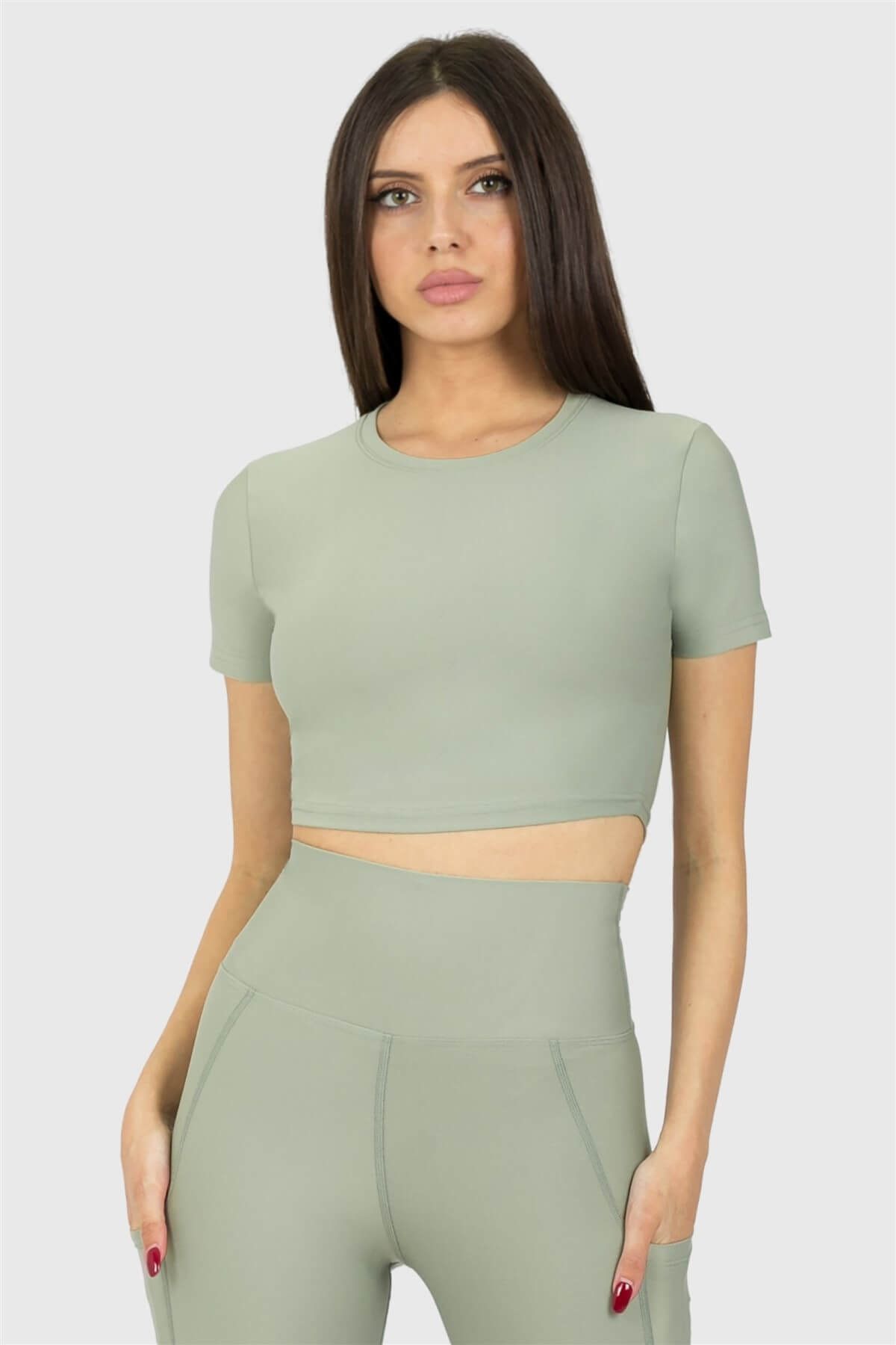 Superstacy Kısa Kol Spor Açık Yeşil Crop Top