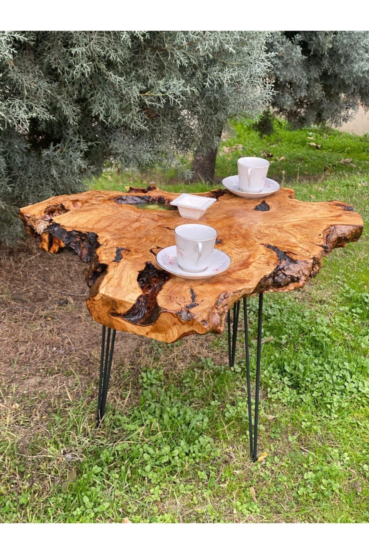 SARAYNOZ AHŞAP Ahşap Sehpa Zeytin Gövdesi Sehpa Masa Metal Ayaklı 3 Ayaklı Dekoratif Masa