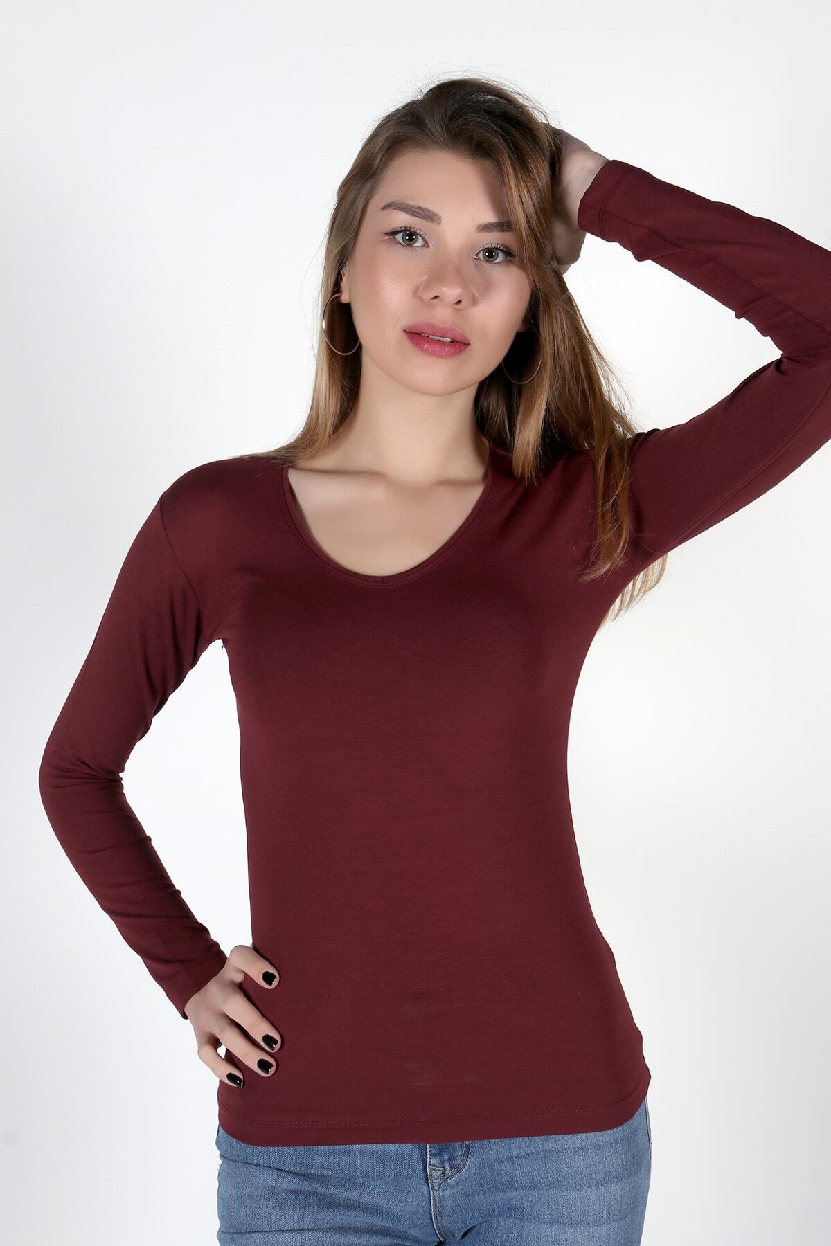 moda felinya Kadın Bordo Uzun Kollu V Yaka Body