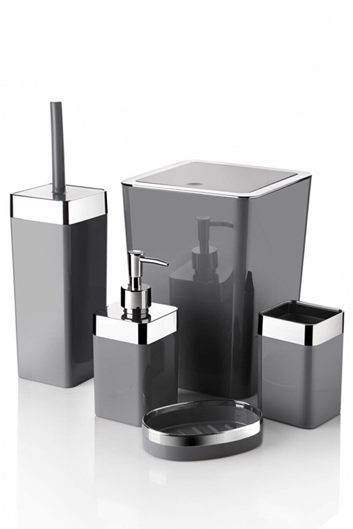 Queen’s Kitchen 5 Parça Akrilik Metalize Kaplamalı Lüx Banyo Seti-gri