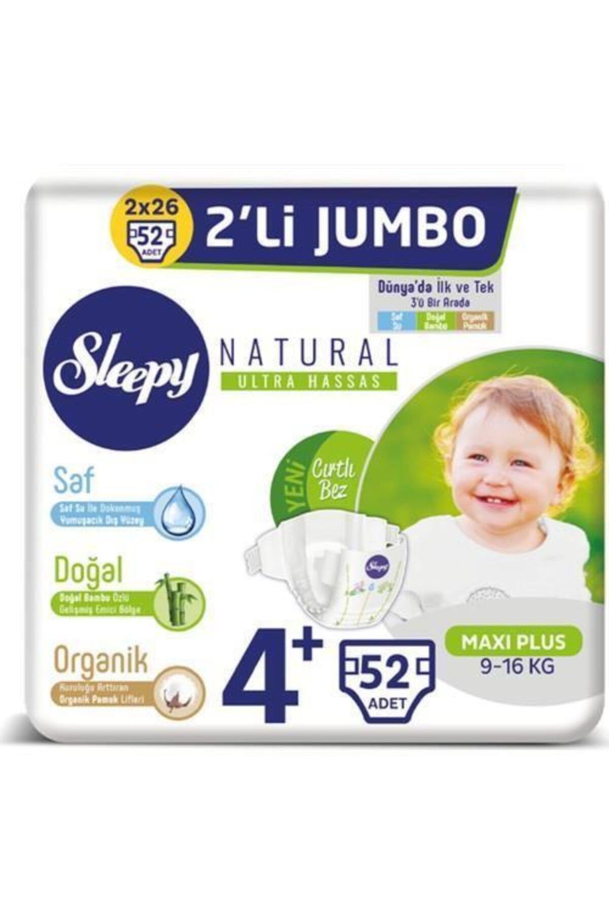 Sleepy Natural Bebek Bezi 2li Jumbo 4+ Beden 9-16 Kg 52 Adet