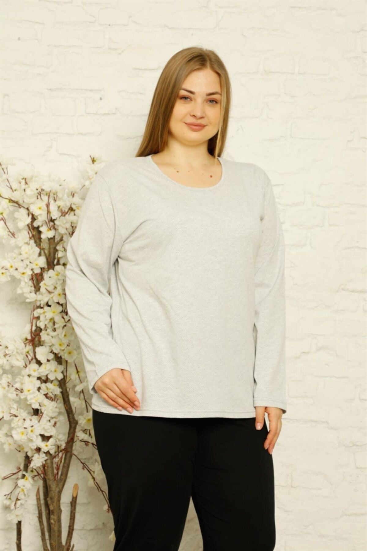 bendengiy Kadın Gri %100 Pamuk Cepli Uzun Kol Büyük Beden Pijama Takımı