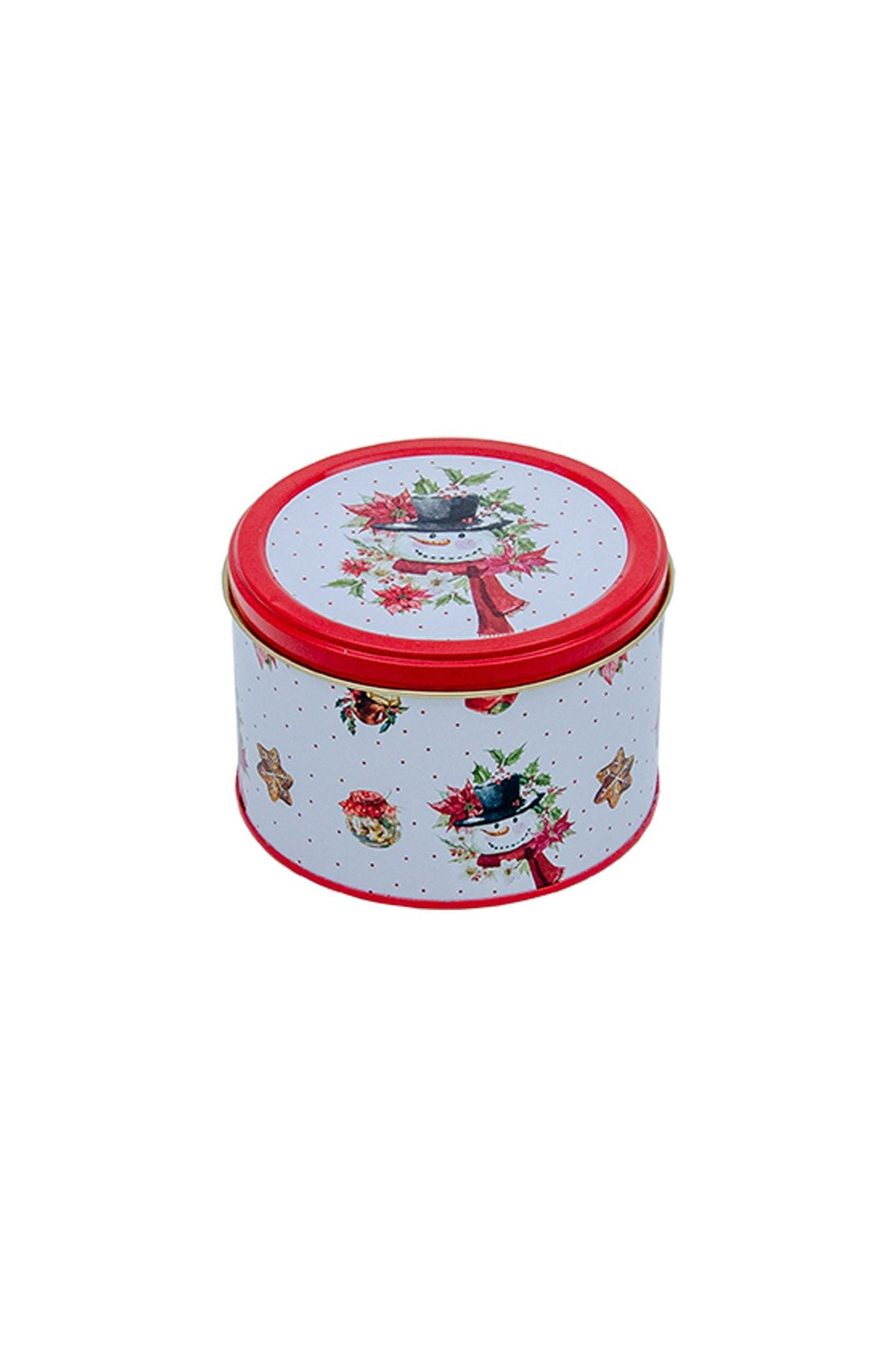 EVLE Yılbaşı Kardan Adam Desenli Metal Dekoratif Yuvarlak Kutu, Ø140x90 Mm, 1.5 Lt. - Snowman