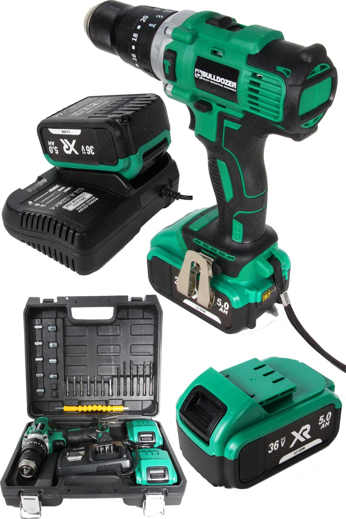 Bulldozer Grenmax 36v Darbeli Akülü Şarjlı Vidalama Matkap 5ah 13mm Metal Mandren Çift Akülü
