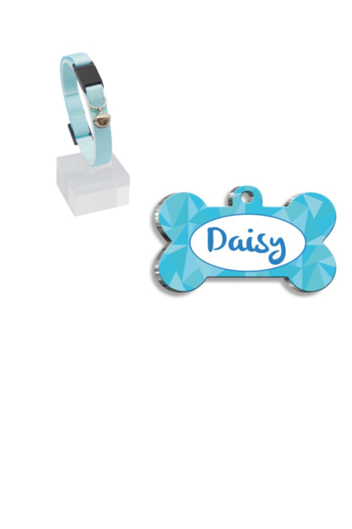 altın pati Mavi Efekli Çelik Kaplama Künye + Kolon Kumaş Kedi Tasması 22-30cm