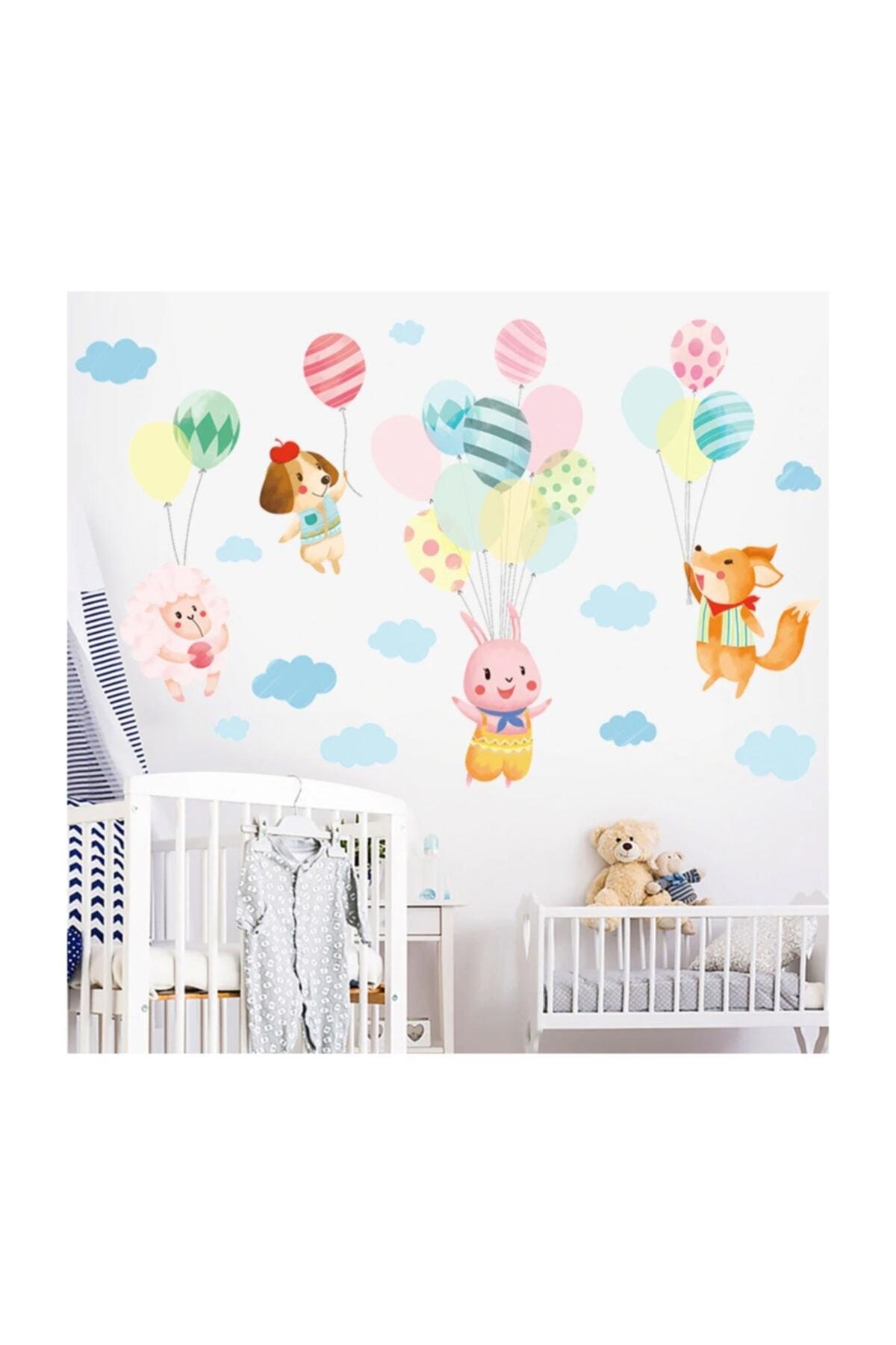 Kt Grup Sevimli Hayvanlar Renkli Balonlar Bulut Karikatür Duvar Sticker