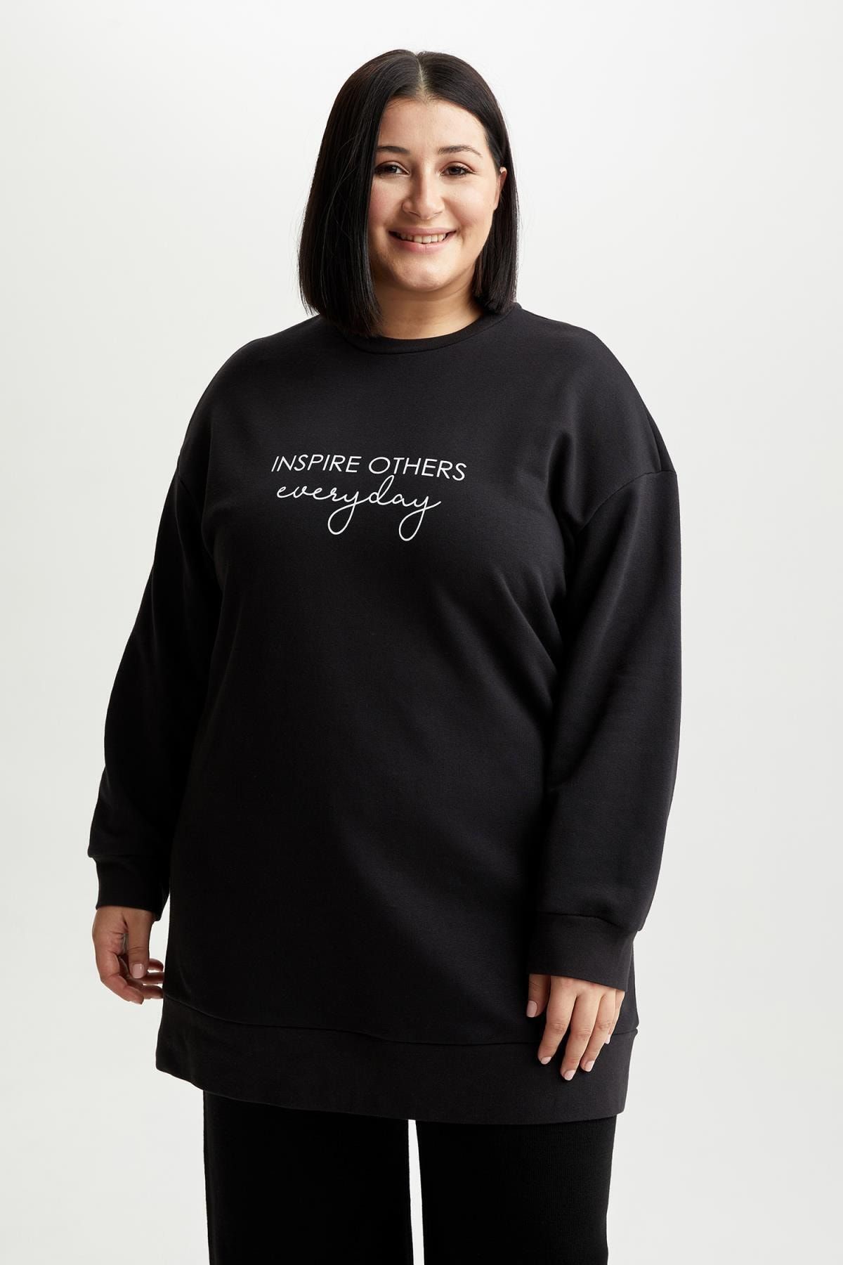 DeFacto Oversize Fit Bisiklet Yaka Baskılı Büyük Beden Kalın Sweatshirt Kumaşı Sweatshirt Tunik