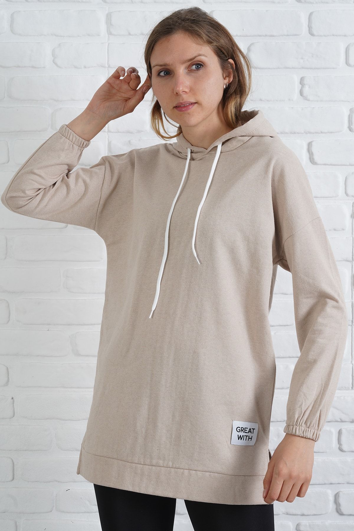 Manga Kadın Iki Ip Şardonlu Kapşonlu Tunik Sweat Bej