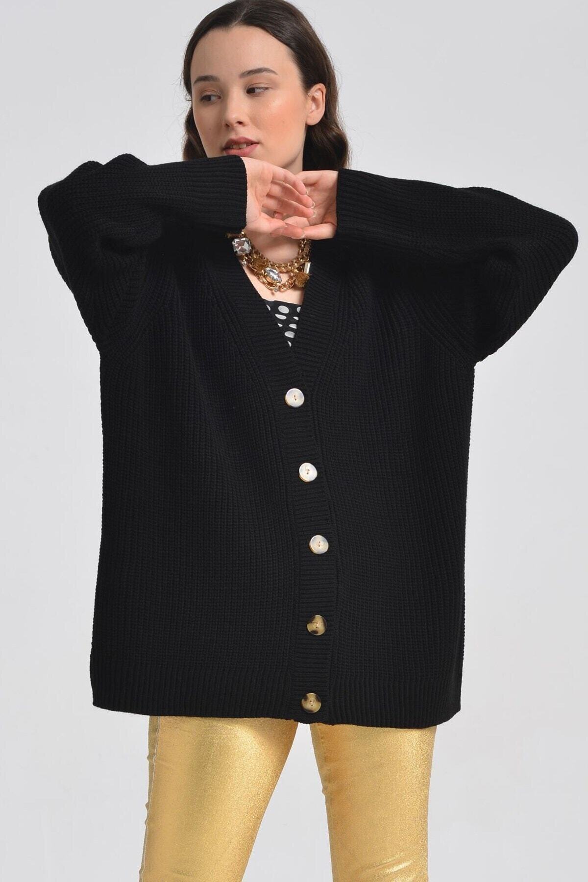 Nefise Selanik Örgü Oversize Hırka - Siyah 5099