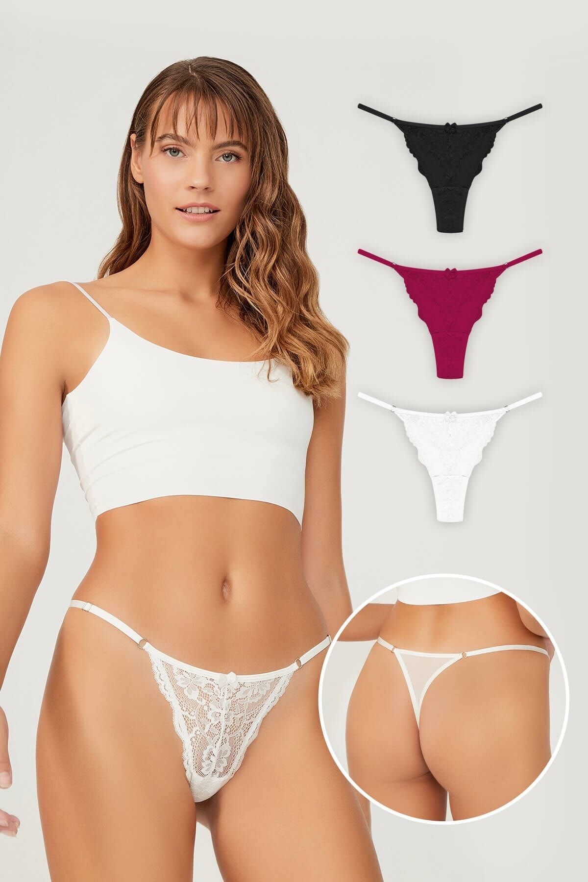 Cottonhill Önü Dantelli Tül Detaylı Kadın Tanga 3'lü Paket Külot - 3