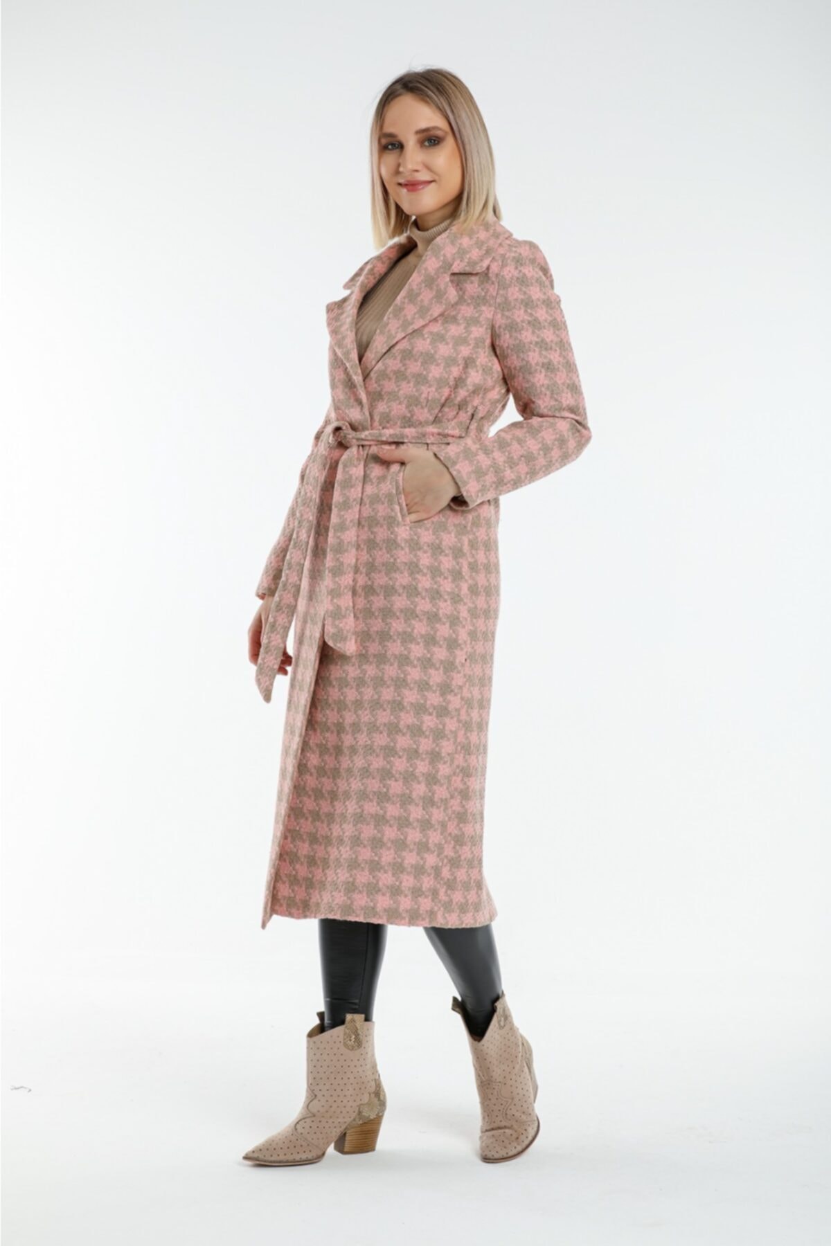 Cessa fashion Ekoseli Palto Kadın Pembe