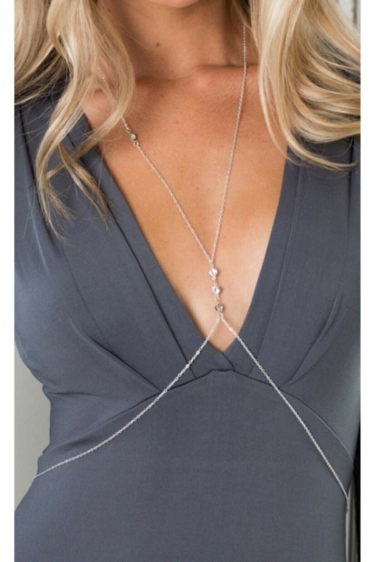 Huban Takı Aksesuar Tekstil Made For Body Zirkon Taşlı Kararmaz Vücut Zinciri Vücut Takısı Silver