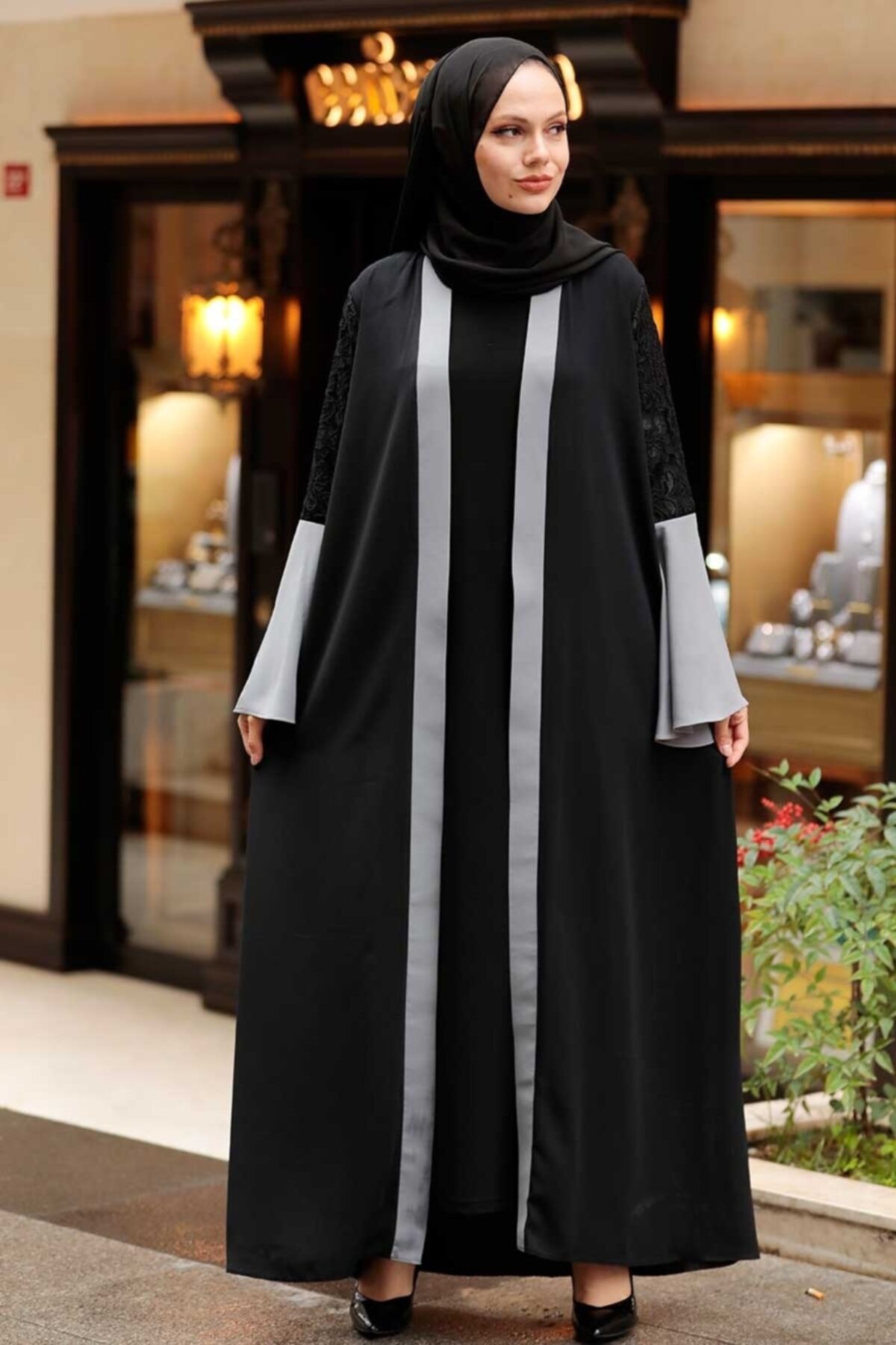 Neva Style - Kolları Detaylı Gri Tesettür Abaya 55510gr