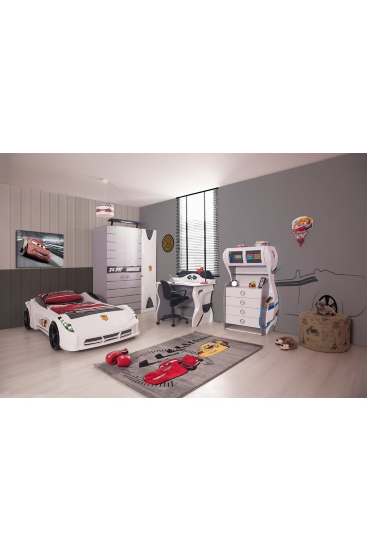 Bubuhome Garage Oda Takımı 3 Kapaklı Dolap Araba Karyola Çalışma Masası Çamaşırlık