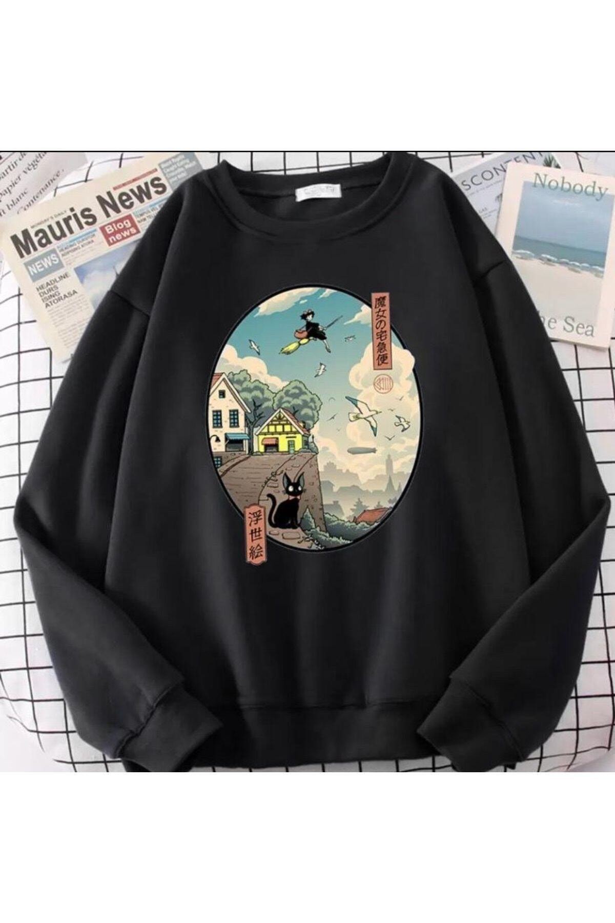 LePold Unisex Ukiyoe Kiki Anime Baskılı Bisiklet Yaka Oversize Sweatshirt