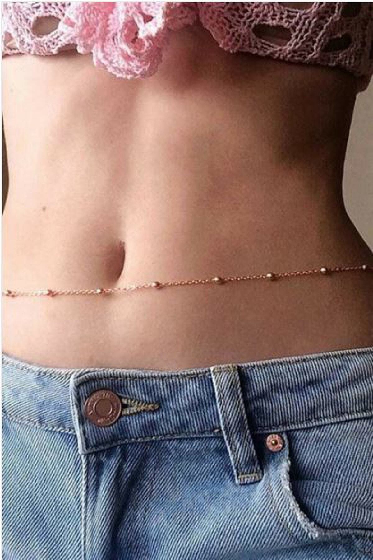 Huban Takı Aksesuar Tekstil Kararmaz Top Boncuklu Stylish Bel Zinciri, Göbek Takısı - Rose