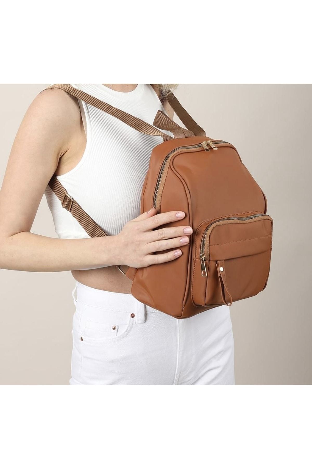 Buse Shoes & Bags Nancy Saten Kumaş Çok Gözlü Orta Boy Sırt Çantası Taba