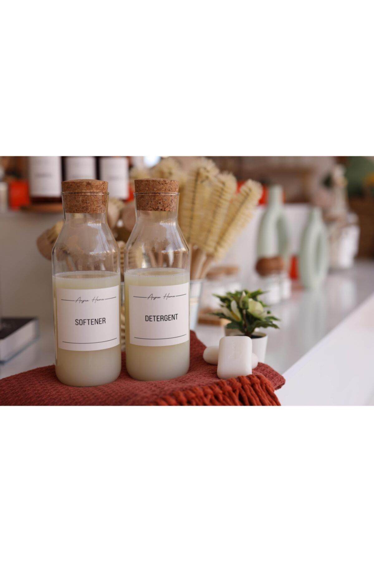 ANJEAHOME 2'li Set Mantar Kapak Cam 1 Lt Softener Ve Detergent Şişesi