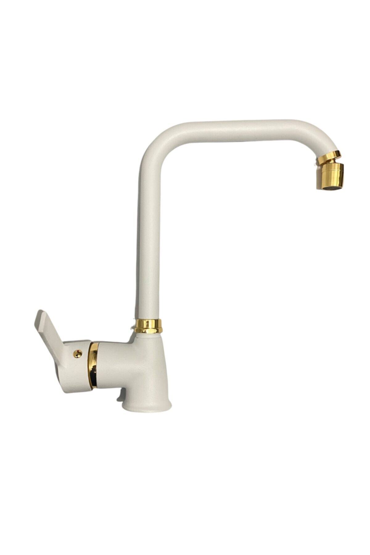 KCA ARMATÜR Lüx Beyaz Gold Mutfak Eviye Prime Kalite Musluk Batarya Çeşme Oynar Başlıklı