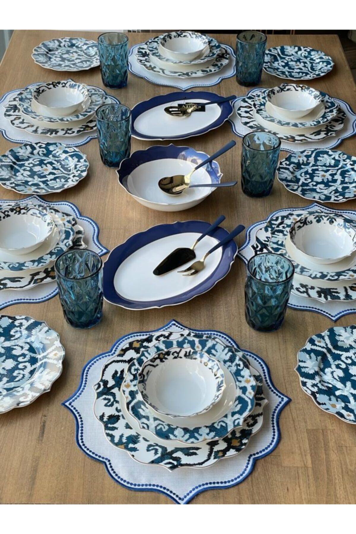 ROSSEV Yemek Takımı Ikat Blue 44 Parça 6 Kişilik
