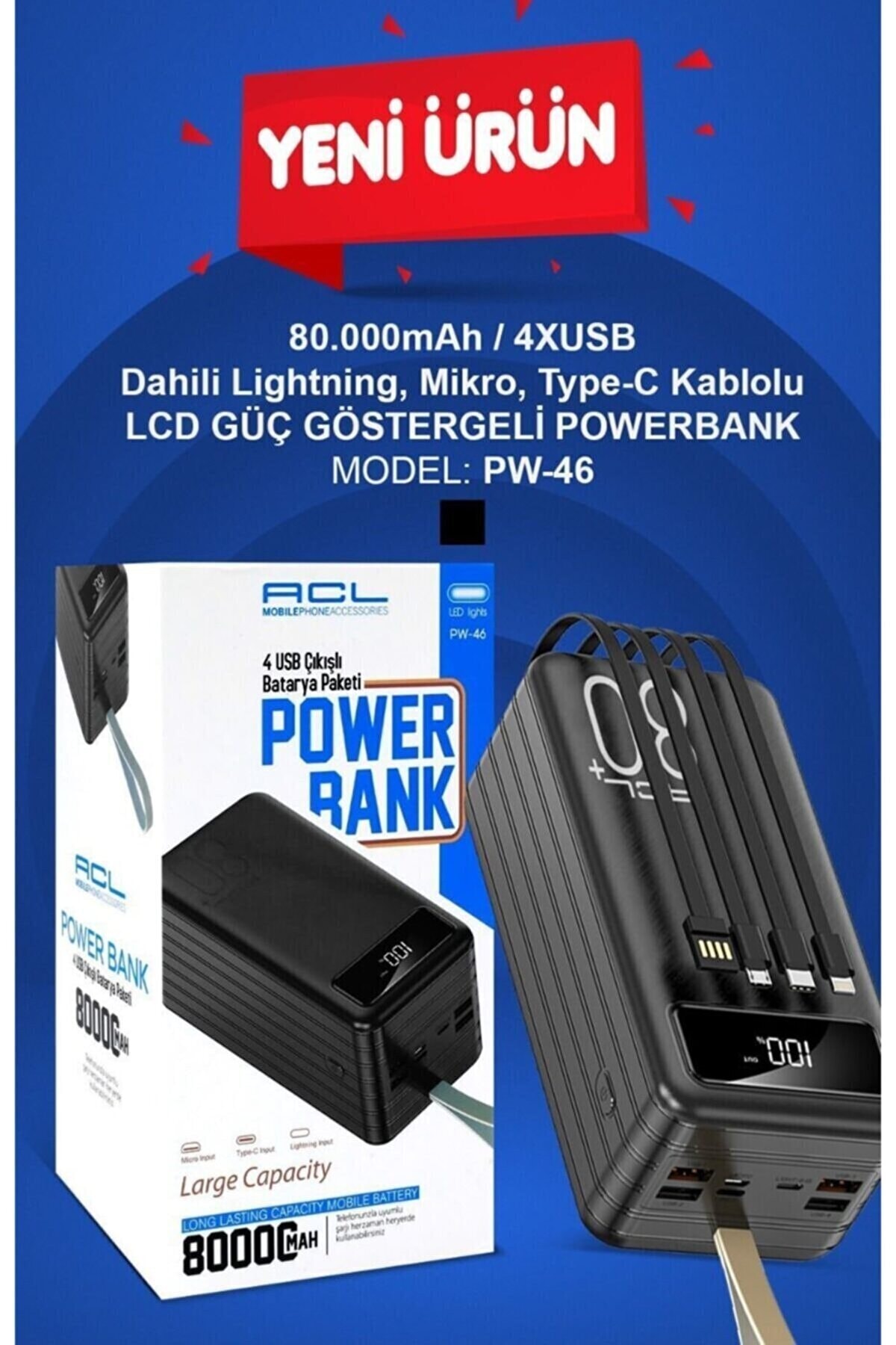 KOİ TECH Acl Pw-46 80000 Mah / 4xusb / Dahili Lightning / Mikro / Type-c Kablolu Lcd Güç Göstergeli Powerbank