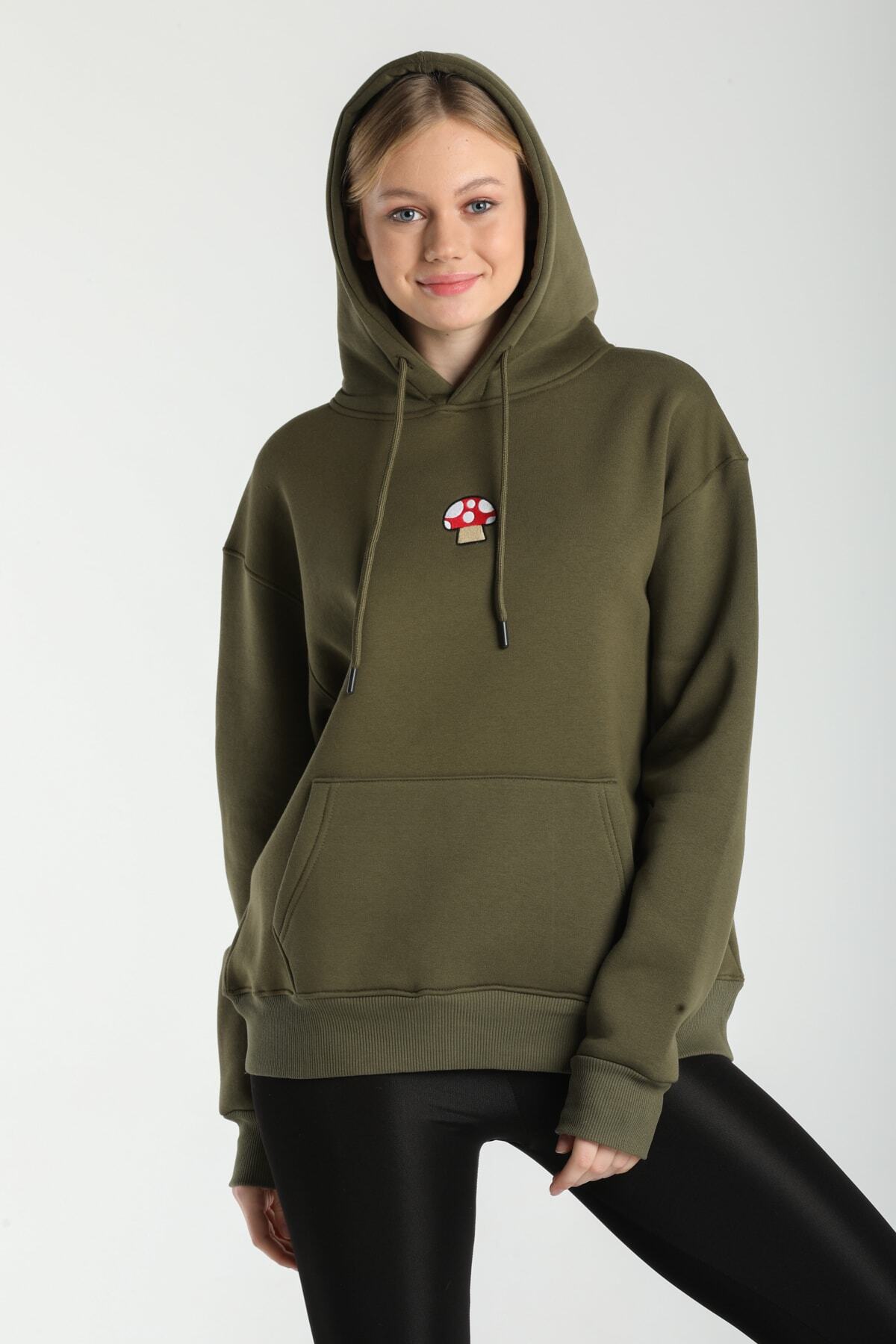 BAFLINE Kapüşonlu Haki Renk Oversize Sweatshirt
